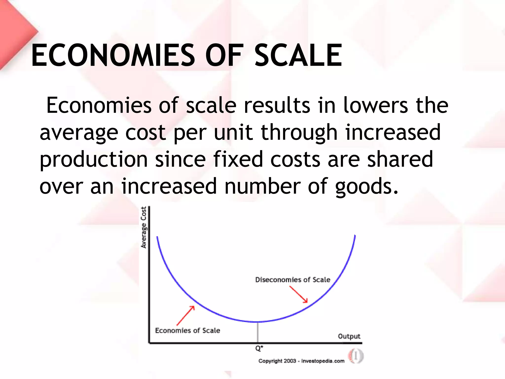 ECONOMIES OF SCALE
Economies of scale results in lowers the
average cost per unit through increased
production since fixed costs are shared
over an increased number of goods.

 