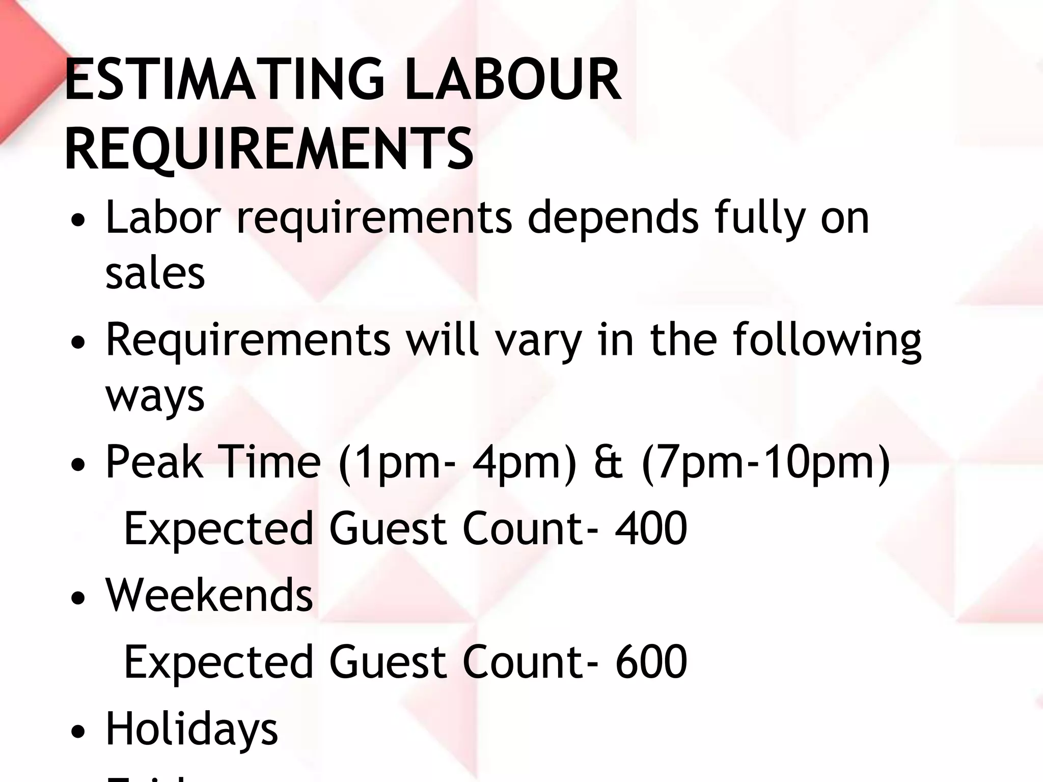 ESTIMATING LABOUR
REQUIREMENTS
• Labor requirements depends fully on
sales
• Requirements will vary in the following
ways
• Peak Time (1pm- 4pm) & (7pm-10pm)
Expected Guest Count- 400
• Weekends
Expected Guest Count- 600
• Holidays

 