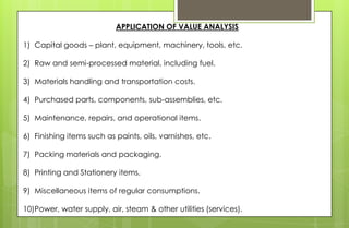 APPLICATION OF VALUE ANALYSIS
1) Capital goods – plant, equipment, machinery, tools, etc.
2) Raw and semi-processed material, including fuel.
3) Materials handling and transportation costs.
4) Purchased parts, components, sub-assemblies, etc.
5) Maintenance, repairs, and operational items.
6) Finishing items such as paints, oils, varnishes, etc.
7) Packing materials and packaging.
8) Printing and Stationery items.
9) Miscellaneous items of regular consumptions.
10)Power, water supply, air, steam & other utilities (services).
 