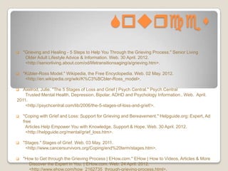 Sources
   "Grieving and Healing - 5 Steps to Help You Through the Grieving Process." Senior Living
     Older Adult Lifestyle Advice & Information. Web. 30 April. 2012.
     <http://seniorliving.about.com/od/lifetransitionsaging/a/grieving.htm>.

   "Kübler-Ross Model." Wikipedia, the Free Encyclopedia. Web. 02 May. 2012.
     <http://en.wikipedia.org/wiki/K%C3%BCbler-Ross_model>.

  Axelrod, Julie. "The 5 Stages of Loss and Grief | Psych Central." Psych Central
    Trusted Mental Health, Depression, Bipolar, ADHD and Psychology Information . Web. April.
2011.
    <http://psychcentral.com/lib/2006/the-5-stages-of-loss-and-grief/>.

   "Coping with Grief and Loss: Support for Grieving and Bereavement." Helpguide.org: Expert, Ad
    free
      Articles Help Empower You with Knowledge, Support & Hope. Web. 30 April. 2012.
      <http://helpguide.org/mental/grief_loss.htm>.

   "Stages." Stages of Grief. Web. 03 May. 2011.
     <http://www.cancersurvivors.org/Coping/end%20term/stages.htm>.

   "How to Get through the Grieving Process | EHow.com." EHow | How to Videos, Articles & More
       Discover the Expert in You. | EHow.com. Web. 24 April. 2012.
       <http://www.ehow.com/how_2162735_through-grieving-process.html>.
 