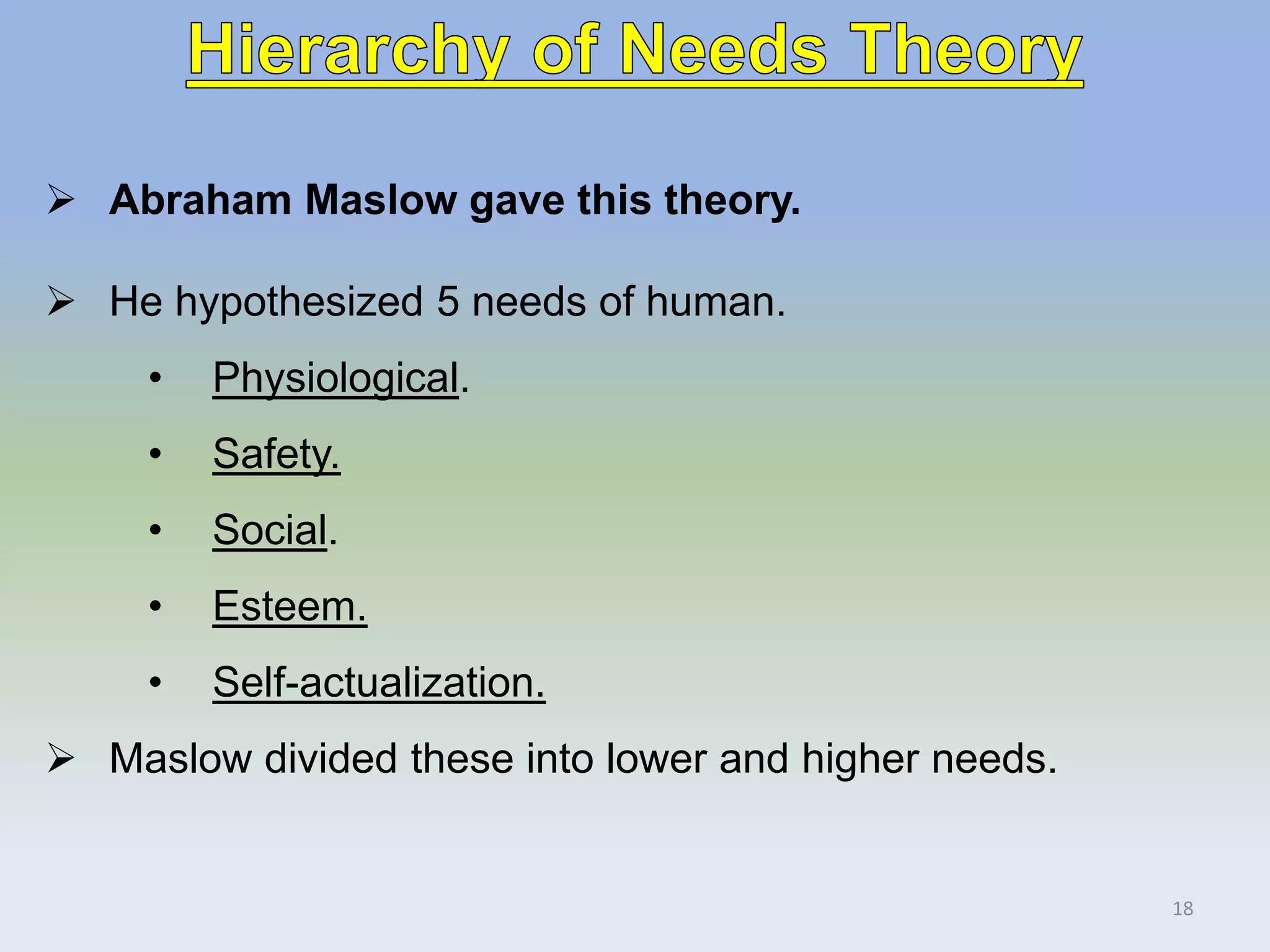 18
 Abraham Maslow gave this theory.
 He hypothesized 5 needs of human.
• Physiological.
• Safety.
• Social.
• Esteem.
• Self-actualization.
 Maslow divided these into lower and higher needs.
 