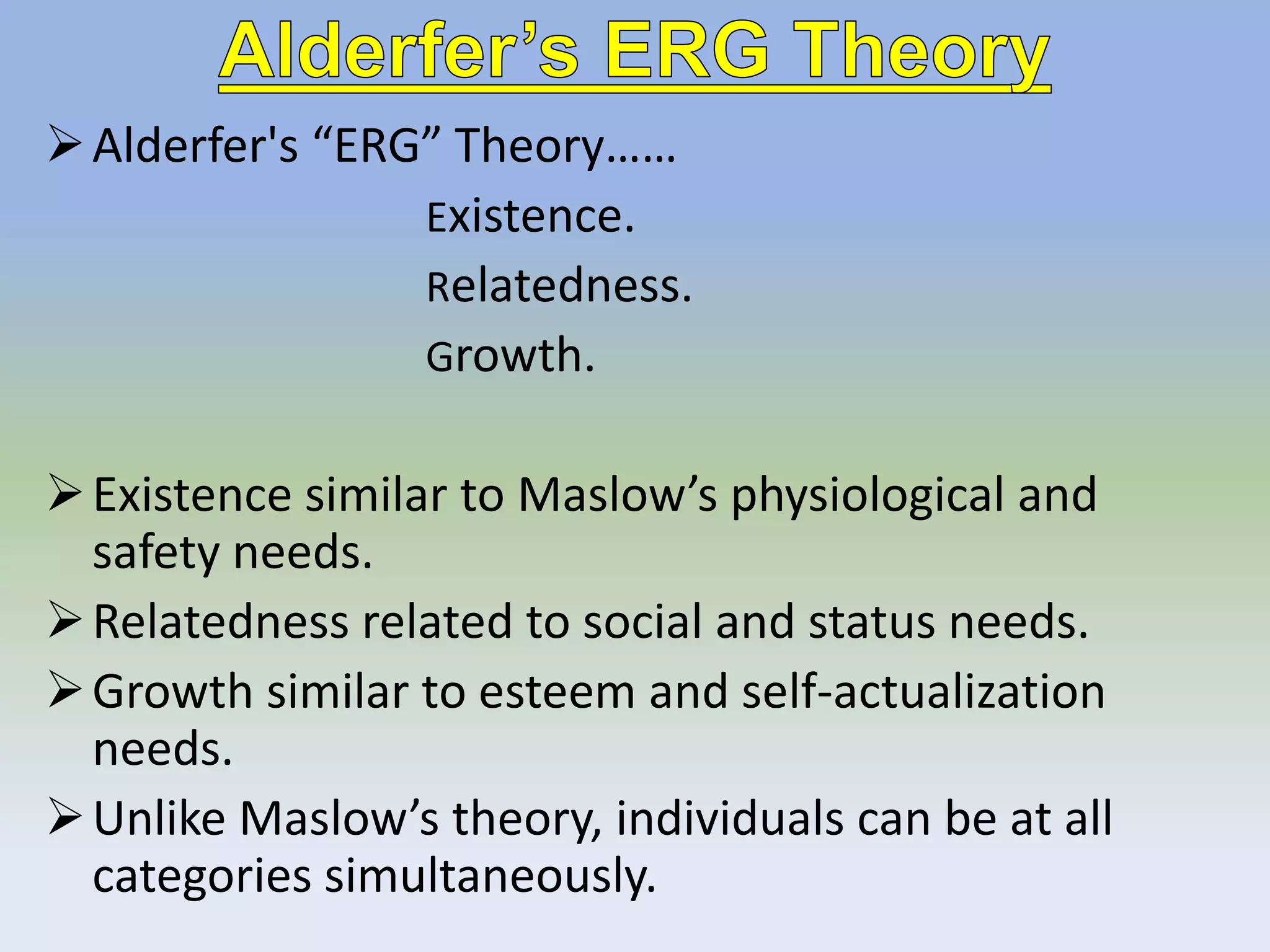 Alderfer's “ERG” Theory……
Existence.
Relatedness.
Growth.
Existence similar to Maslow’s physiological and
safety needs.
Relatedness related to social and status needs.
Growth similar to esteem and self-actualization
needs.
Unlike Maslow’s theory, individuals can be at all
categories simultaneously.
 