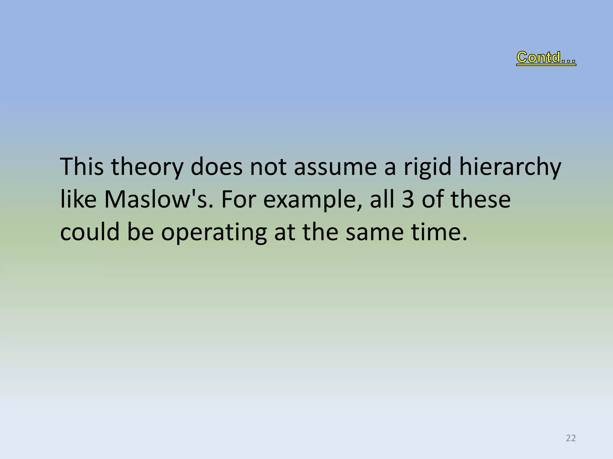 This theory does not assume a rigid hierarchy
like Maslow's. For example, all 3 of these
could be operating at the same time.
22
 