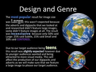 Design and Genre
The result for image size
was ; this wasn’t expected because
the adverts and digipacks that we looked at
and researched didn’t feature large images,
some didn’t feature images at all. The result
was because only 50% said
Large: 25% said Subtle, 15% said Small and
10% said .
Due to our target audience being ,
this result was however due
to younger audiences wanted and being
attracted to more visual media. This will
affect the production of our digipacks and
adverts as we will make sure that we feature
a large image to please our target audience.
 