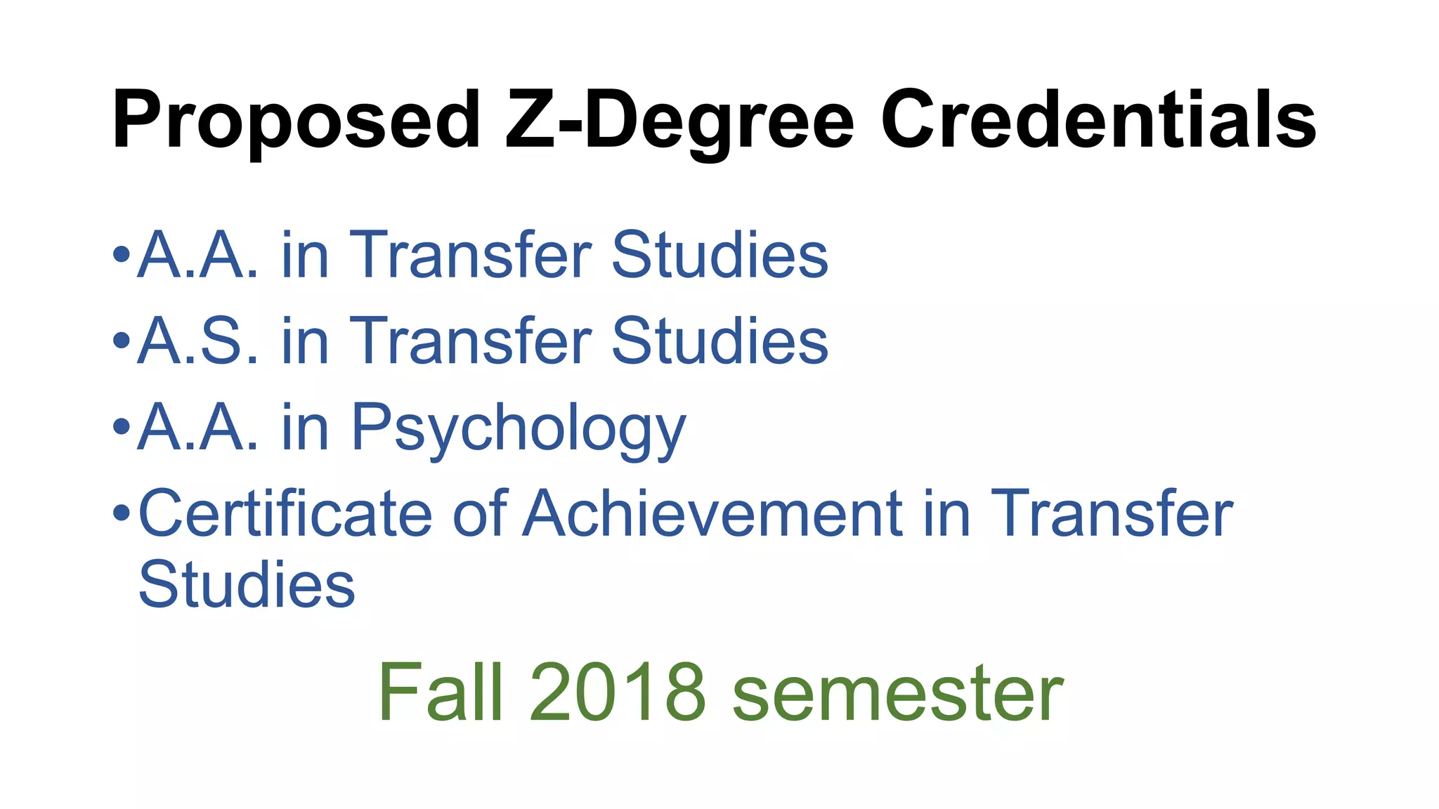 Proposed Z-Degree Credentials
•A.A. in Transfer Studies
•A.S. in Transfer Studies
•A.A. in Psychology
•Certificate of Achievement in Transfer
Studies
Fall 2018 semester
 