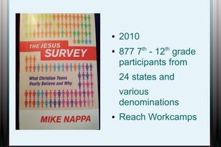●
●

2010
th

th

877 7 - 12 grade
participants from
24 states and
various
denominations

●

Reach Workcamps

 