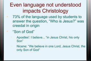 Even language not understood
impacts Christology
73% of the language used by students to
answer the question, “Who is Jesus?” was
creedal in origin



“Son of God”





Apostles': I believe... “in Jesus Christ, his only
Son”



Nicene: “We believe in one Lord, Jesus Christ, the
only Son of God”

 