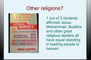 Other religions?
1 out of 3 students
affirmed Jesus,
Mohammad, Buddha
and other great
religious leaders all
have equal standing
in leading people to
heaven

 