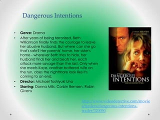 Dangerous Intentions

•   Genre: Drama
•   After years of being terrorized, Beth
    Williamson finally finds the courage to leave
    her abusive husband. But where can she go
    that's safe? Her parents' home, her sister's
    home - wherever Beth tries to hide, her
    husband finds her and beats her, each
    attack more savage than the last. Only when
    she meets Kaye, another battered wife on
    the run, does the nightmare look like it's
    coming to an end.
•   Director: Michael Toshiyuki Uno
•   Starring: Donna Mills, Corbin Bernsen, Robin
    Givens

                                       http://www.videodetective.com/movie
                                       s/trailers/dangerous-intentions-
                                       trailer/320050
 