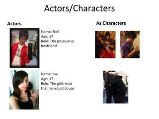 Actors/Characters
Actors                          As Characters
         Name: Neil
         Age: 17
         Role: The possessive
         boyfriend




         Name: Ina
         Age: 17
         Role: The girlfriend
         that he would abuse
 