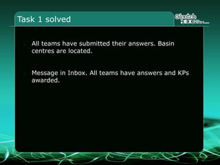 Task 1 solved
All teams have submitted their answers. Basin
centres are located.
Message in Inbox. All teams have answers and KPs
awarded.
 