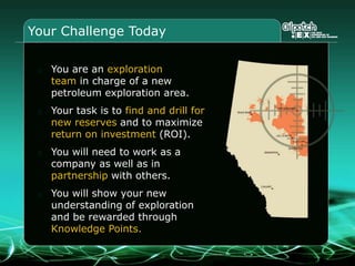 Your Challenge Today
You are an exploration
team in charge of a new
petroleum exploration area.
Your task is to find and drill for
new reserves and to maximize
return on investment (ROI).
You will need to work as a
company as well as in
partnership with others.
You will show your new
understanding of exploration
and be rewarded through
Knowledge Points.
 