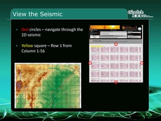 View the Seismic
 Red circles – navigate through the
2D seismic
 Yellow square – Row 1 from
Column 1-56
 