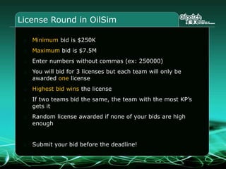 License Round in OilSim
Minimum bid is $250K
Maximum bid is $7.5M
Enter numbers without commas (ex: 250000)
You will bid for 3 licenses but each team will only be
awarded one license
Highest bid wins the license
If two teams bid the same, the team with the most KP’s
gets it
Random license awarded if none of your bids are high
enough
Submit your bid before the deadline!
 