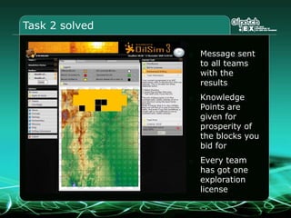 Task 2 solved
Message sent
to all teams
with the
results
Knowledge
Points are
given for
prosperity of
the blocks you
bid for
Every team
has got one
exploration
license
 