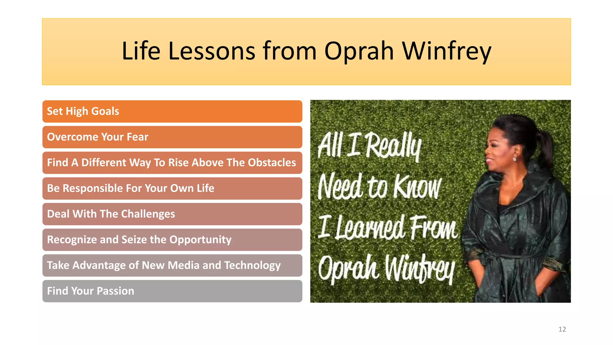 Life Lessons from Oprah Winfrey
Set High Goals
Overcome Your Fear
Find A Different Way To Rise Above The Obstacles
Be Responsible For Your Own Life
Deal With The Challenges
Recognize and Seize the Opportunity
Take Advantage of New Media and Technology
Find Your Passion
12
 