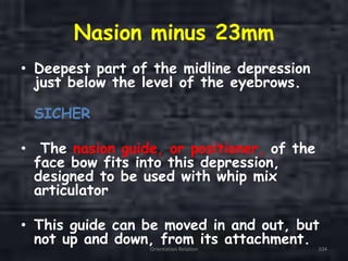 Nasion minus 23mm
• Deepest part of the midline depression
just below the level of the eyebrows.
SICHER
• The nasion guide, or positioner, of the
face bow fits into this depression,
designed to be used with whip mix
articulator
• This guide can be moved in and out, but
not up and down, from its attachment.Orientation Relation 104
 