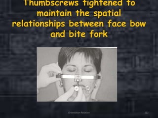 Thumbscrews tightened to
maintain the spatial
relationships between face bow
and bite fork
Orientation Relation 122
 