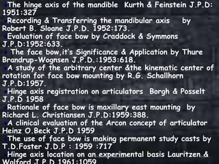 The hinge axis of the mandible Kurth & Feinstein J.P.D:
1951:327
Recording & Transferring the mandibular axis by
Robert B. Sloane J.P.D. 1952:173.
Evaluation of face bow by Craddock & Symmons
J.P.D:1952:633.
The face bow,it’s Significance & Application by Thure
Brandrup-Wognsen J.P.D.:1953:618.
A study of the arbitrary center &the kinematic center of
rotation for face bow mounting by R.G. Schallhorn
J.P.D:1957.
Hinge axis registration on articulators Borgh & Posselt
J.P.D 1958
Rationale of face bow is maxillary east mounting by
Richard L. Christiansen J.P.D:1959:388.
A clinical evaluation of the Arcon concept of articulator
Heinz O.Beck J.P.D 1959
The use of face bow is making permanent study casts by
T.D.Foster J.D.P : 1959 :717
Hinge axis location on an experimental basis Lauritzen &Orientation Relation 146
 