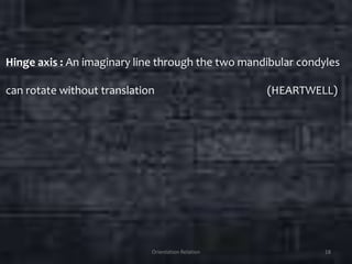 Orientation Relation 18
Hinge axis : An imaginary line through the two mandibular condyles
can rotate without translation (HEARTWELL)
 