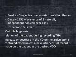 • Brekke – Single transverse axis of rotation theory.
• Oage – 1951 – existence of 2 naturally
independent non collinear axes.
• Tropazzono & Lazzari –
Multiple hnge axis
relation of the patient during recording THA
Increase or decrease in the VD on the articulator is
contraindicated unless a new intraocclusal record is
made on the patient at the desired VDO
Orientation Relation 29
 