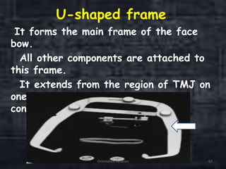 U-shaped frame
It forms the main frame of the face
bow.
All other components are attached to
this frame.
It extends from the region of TMJ on
one side to the other side without
contacting the face.
Orientation Relation 67
 