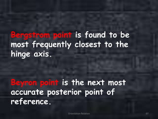Bergstrom point is found to be
most frequently closest to the
hinge axis.
Beyron point is the next most
accurate posterior point of
reference.
Orientation Relation 97
 