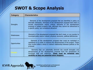 SWOT & Scope Analysis Category Characteristics Strengths Elements of the development proposal that are identified in policy as desirable attributes; elements of the development proposal that meet or exceed requirements and/or criteria; elements of the development proposal or subject property that, although they cannot be referenced to a specific policy, are considered attractive  Weaknesses Elements of the development proposal that don't meet, or run counter to municipal policy and/or criteria; physical, economic, political deficiencies Opportunities Elements of the development proposal that could be marketed or capitalized on in order to improve the attractiveness of the project. These may involve either a direct or indirect relationship between policies or the proposal.  Threats Elements that can potentially diminish the overall strengths and attractiveness of the development proposal from the perspective of municipal staff and politicians.  These must be reviewed very carefully as they are potential show stoppers. 