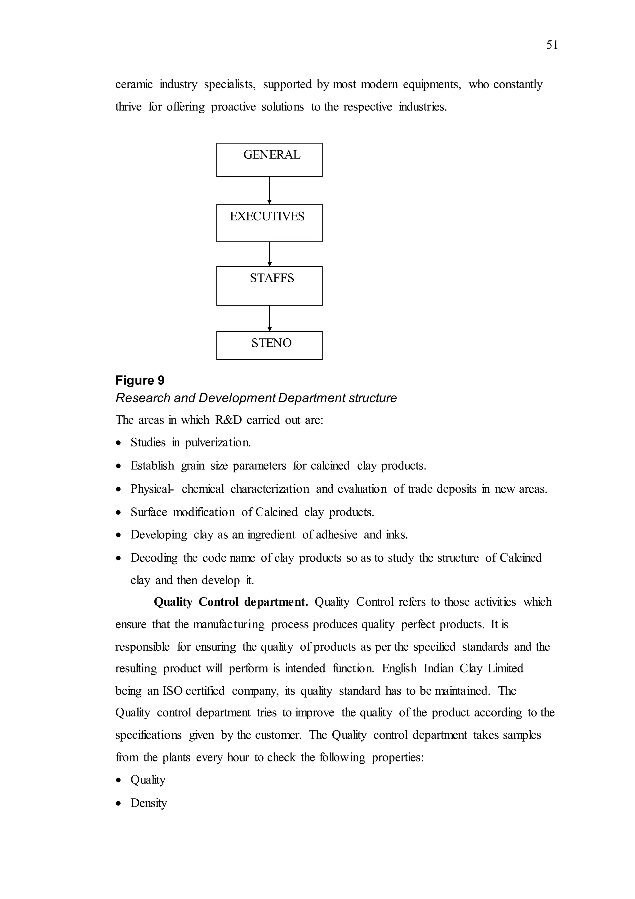 51
ceramic industry specialists, supported by most modern equipments, who constantly
thrive for offering proactive solutions to the respective industries.
Figure 9
Research and Development Department structure
The areas in which R&D carried out are:
 Studies in pulverization.
 Establish grain size parameters for calcined clay products.
 Physical- chemical characterization and evaluation of trade deposits in new areas.
 Surface modification of Calcined clay products.
 Developing clay as an ingredient of adhesive and inks.
 Decoding the code name of clay products so as to study the structure of Calcined
clay and then develop it.
Quality Control department. Quality Control refers to those activities which
ensure that the manufacturing process produces quality perfect products. It is
responsible for ensuring the quality of products as per the specified standards and the
resulting product will perform is intended function. English Indian Clay Limited
being an ISO certified company, its quality standard has to be maintained. The
Quality control department tries to improve the quality of the product according to the
specifications given by the customer. The Quality control department takes samples
from the plants every hour to check the following properties:
 Quality
 Density
GENERAL
EXECUTIVES
STAFFS
STENO
 