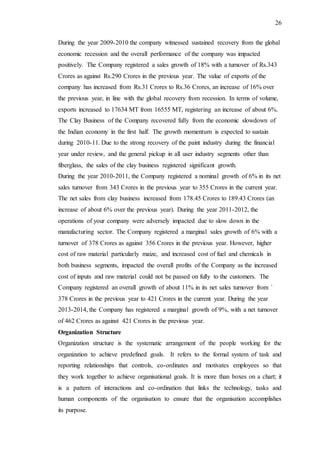 26
During the year 2009-2010 the company witnessed sustained recovery from the global
economic recession and the overall performance of the company was impacted
positively. The Company registered a sales growth of 18% with a turnover of Rs.343
Crores as against Rs.290 Crores in the previous year. The value of exports of the
company has increased from Rs.31 Crores to Rs.36 Crores, an increase of 16% over
the previous year, in line with the global recovery from recession. In terms of volume,
exports increased to 17634 MT from 16555 MT, registering an increase of about 6%.
The Clay Business of the Company recovered fully from the economic slowdown of
the Indian economy in the first half. The growth momentum is expected to sustain
during 2010-11. Due to the strong recovery of the paint industry during the financial
year under review, and the general pickup in all user industry segments other than
fiberglass, the sales of the clay business registered significant growth.
During the year 2010-2011, the Company registered a nominal growth of 6% in its net
sales turnover from 343 Crores in the previous year to 355 Crores in the current year.
The net sales from clay business increased from 178.45 Crores to 189.43 Crores (an
increase of about 6% over the previous year). During the year 2011-2012, the
operations of your company were adversely impacted due to slow down in the
manufacturing sector. The Company registered a marginal sales growth of 6% with a
turnover of 378 Crores as against 356 Crores in the previous year. However, higher
cost of raw material particularly maize, and increased cost of fuel and chemicals in
both business segments, impacted the overall profits of the Company as the increased
cost of inputs and raw material could not be passed on fully to the customers. The
Company registered an overall growth of about 11% in its net sales turnover from `
378 Crores in the previous year to 421 Crores in the current year. During the year
2013-2014, the Company has registered a marginal growth of 9%, with a net turnover
of 462 Crores as against 421 Crores in the previous year.
Organization Structure
Organization structure is the systematic arrangement of the people working for the
organization to achieve predefined goals. It refers to the formal system of task and
reporting relationships that controls, co-ordinates and motivates employees so that
they work together to achieve organisational goals. It is more than boxes on a chart; it
is a pattern of interactions and co-ordination that links the technology, tasks and
human components of the organisation to ensure that the organisation accomplishes
its purpose.
 