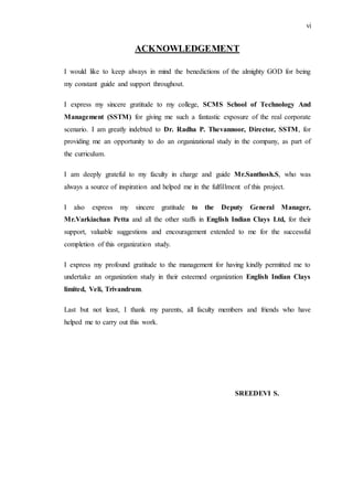 vi
ACKNOWLEDGEMENT
I would like to keep always in mind the benedictions of the almighty GOD for being
my constant guide and support throughout.
I express my sincere gratitude to my college, SCMS School of Technology And
Management (SSTM) for giving me such a fantastic exposure of the real corporate
scenario. I am greatly indebted to Dr. Radha P. Thevannoor, Director, SSTM, for
providing me an opportunity to do an organizational study in the company, as part of
the curriculum.
I am deeply grateful to my faculty in charge and guide Mr.Santhosh.S, who was
always a source of inspiration and helped me in the fulfillment of this project.
I also express my sincere gratitude to the Deputy General Manager,
Mr.Varkiachan Petta and all the other staffs in English Indian Clays Ltd, for their
support, valuable suggestions and encouragement extended to me for the successful
completion of this organization study.
I express my profound gratitude to the management for having kindly permitted me to
undertake an organization study in their esteemed organization English Indian Clays
limited, Veli, Trivandrum.
Last but not least, I thank my parents, all faculty members and friends who have
helped me to carry out this work.
SREEDEVI S.
 
