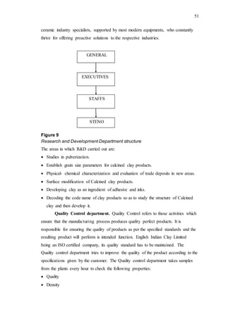 51
ceramic industry specialists, supported by most modern equipments, who constantly
thrive for offering proactive solutions to the respective industries.
Figure 9
Research and Development Department structure
The areas in which R&D carried out are:
 Studies in pulverization.
 Establish grain size parameters for calcined clay products.
 Physical- chemical characterization and evaluation of trade deposits in new areas.
 Surface modification of Calcined clay products.
 Developing clay as an ingredient of adhesive and inks.
 Decoding the code name of clay products so as to study the structure of Calcined
clay and then develop it.
Quality Control department. Quality Control refers to those activities which
ensure that the manufacturing process produces quality perfect products. It is
responsible for ensuring the quality of products as per the specified standards and the
resulting product will perform is intended function. English Indian Clay Limited
being an ISO certified company, its quality standard has to be maintained. The
Quality control department tries to improve the quality of the product according to the
specifications given by the customer. The Quality control department takes samples
from the plants every hour to check the following properties:
 Quality
 Density
GENERAL
EXECUTIVES
STAFFS
STENO
 