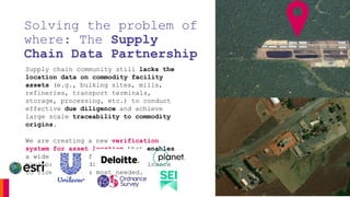 Solving the problem of
where: The Supply
Chain Data Partnership
Supply chain community still lacks the
location data on commodity facility
assets (e.g., bulking sites, mills,
refineries, transport terminals,
storage, processing, etc.) to conduct
effective due diligence and achieve
large scale traceability to commodity
origins.
We are creating a new verification
system for asset location that enables
a wide variety of transparent
monitoring, due diligence and finance
to flow where its most needed.
 