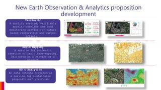 New Earth Observation & Analytics proposition
development
Rapid Mapping
A service for automatic
creation of rapid base-mapping.
Delivered as a service or a
product
VeriEarth®
A quality assured, verifiable
spatial baseline and land
monitoring service for nature
based restoration and carbon
offsets.
EO & Analytics
EO data outputs provided as
a service for sustainable
propositions/ platform.
 