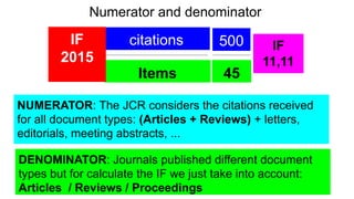 Numerator and denominator
Items
citationsIF
2015
500
45
IF
11,11
DENOMINATOR: Journals published different document
types but for calculate the IF we just take into account:
Articles / Reviews / Proceedings
NUMERATOR: The JCR considers the citations received
for all document types: (Articles + Reviews) + letters,
editorials, meeting abstracts, ...
 