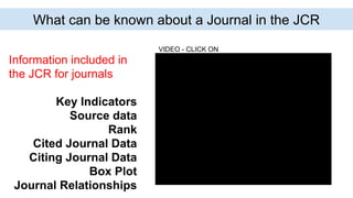 What can be known about a Journal in the JCR
Information included in
the JCR for journals
Key Indicators
Source data
Rank
Cited Journal Data
Citing Journal Data
Box Plot
Journal Relationships
VIDEO - CLICK ON
 