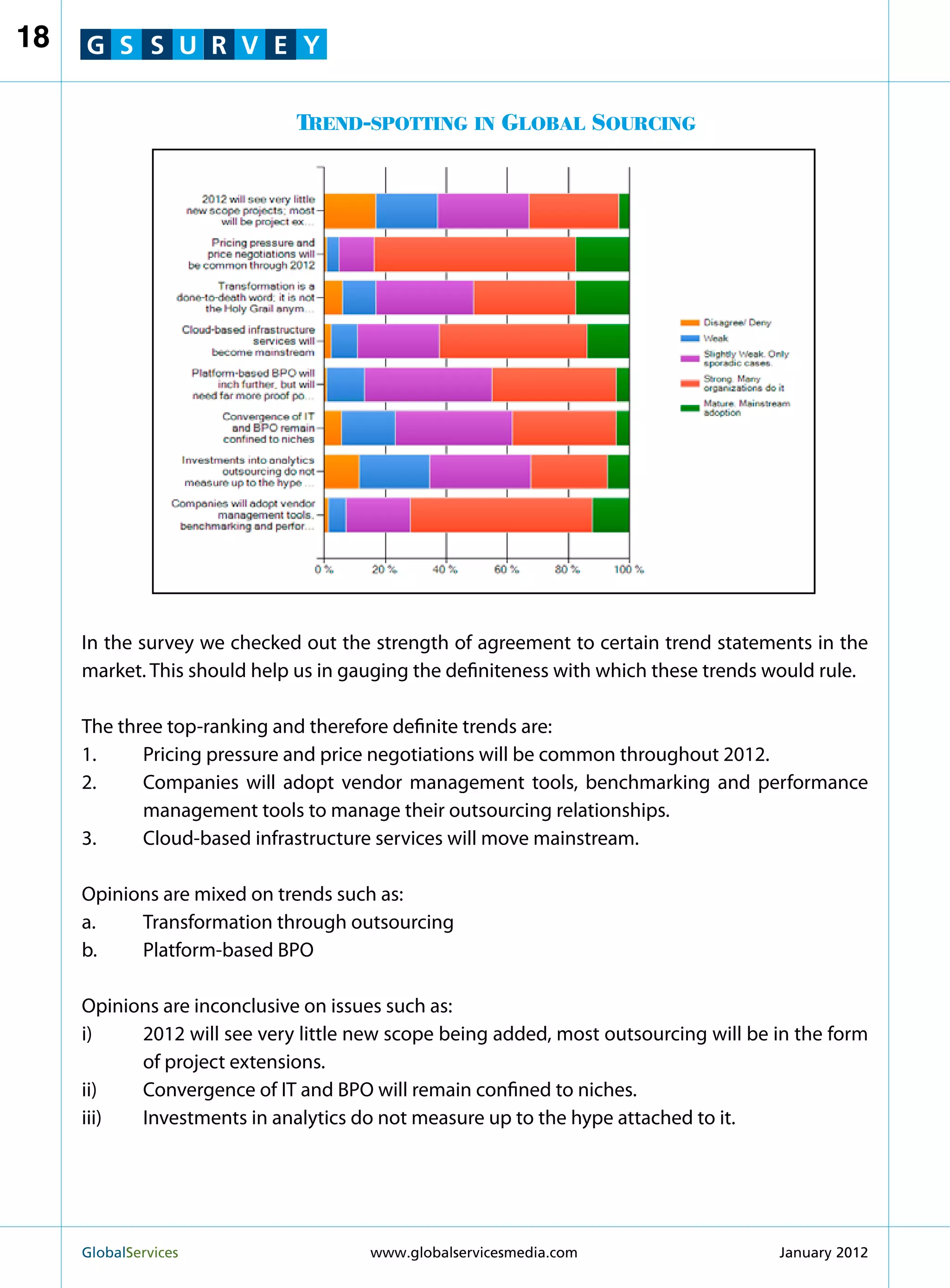 18   G S S U R V E Y

                             Trend-spotting in Global Sourcing




     In the survey we checked out the strength of agreement to certain trend statements in the
     market. This should help us in gauging the definiteness with which these trends would rule.

     The three top-ranking and therefore definite trends are:
     1.	    Pricing pressure and price negotiations will be common throughout 2012.
     2.	   Companies will adopt vendor management tools, benchmarking and performance
            management tools to manage their outsourcing relationships.
     3.	    Cloud-based infrastructure services will move mainstream.

     Opinions are mixed on trends such as:
     a.	   Transformation through outsourcing
     b.	   Platform-based BPO

     Opinions are inconclusive on issues such as:
     i)	  2012 will see very little new scope being added, most outsourcing will be in the form
           of project extensions.
     ii)	  Convergence of IT and BPO will remain confined to niches.
     iii)	 Investments in analytics do not measure up to the hype attached to it.




     GlobalServices 	                 www.globalservicesmedia.com                   January 2012
 
