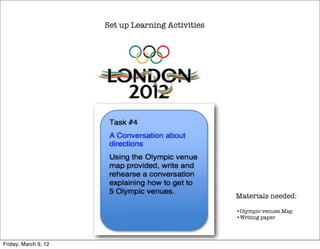 Set up Learning Activities




                                                   Materials needed:

                                                   •Olympic venues Map
                                                   •Writing paper




Friday, March 9, 12
 