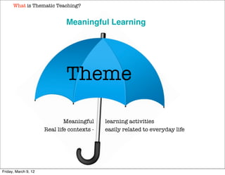 What is Thematic Teaching?


                              Meaningful Learning




                              Theme

                              Meaningful     learning activities
                      Real life contexts -   easily related to everyday life




Friday, March 9, 12
 