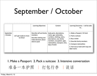 September / October




        1. Make a Passport 2. Pack a suitcase 3. Intensive conversation

          准备一本护照 ｜ 打包行李 ｜谈话
Friday, March 9, 12
 