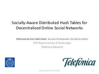 Socially-Aware Distributed Hash Tables for
Decentralized Online Social Networks
Muhammad Anis Uddin Nasir, Sarunas Girdzijauskas, Nicolas Kourtellis
KTH Royal Institute of Technology
Telefonica Research
Socially-aware DHTs for DOSNs 1
 