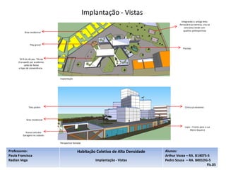 Implantação - Vistas
                                                                                                 Integrando o antigo leito
                                                                                               ferroviário ao terreno, cria-se
                                                                                                    Uma área verde com
                                                                                                   quadras poliesportivas
           Área residencial




                Play groud
                                                                                                  Piscinas



       50 % do do pav. Térreo
      é ocupado por academia,
            salão de festas
      e lojas de conveniência.



                                 Implantação




               Teto jardim                                                                          Clínica já existente




             Área residencial

                                                                                                    Lojas – Frente para a rua
                                                                                                         Mário Siqueira
            Acesso veículos
          Garagens no subsolo


                                 Perspectiva fachada


Professores:                                    Habitação Coletiva de Alta Densidade   Alunos:
Paula Francisca                                                                        Arthur Vozza – RA. B14075-5
Radian Vega                                                Implantação - Vistas        Pedro Sousa – RA. B001DG-5
                                                                                                                Fls.05
 