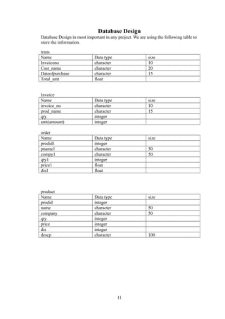 Database Design
Database Design in most important in any project. We are using the following table to
store the information.
trans
Name Data type size
Invoiceno character 10
Cust_name character 20
Dateofpurchase character 15
Total_amt float
Invoice
Name Data type size
invoice_no character 10
prod_name character 15
qty integer
amt(amount) integer
order
Name Data type size
prodid1 integer
pname1 character 50
compy1 character 50
qty1 integer
price1 float
dis1 float
product
Name Data type size
prodid integer
name character 50
company character 50
qty integer
price integer
dis integer
descp character 100
11
 