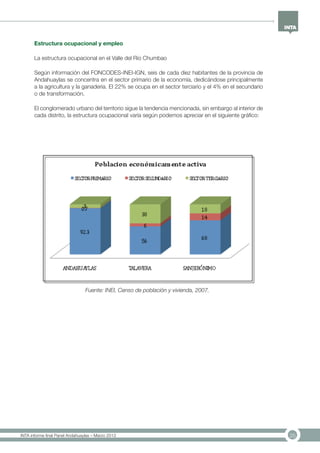 25INTA informe final Panel Andahuaylas – Marzo 2013
Estructura ocupacional y empleo
La estructura ocupacional en el Valle del Río Chumbao
Según información del FONCODES-INEI-IGN, seis de cada diez habitantes de la provincia de
Andahuaylas se concentra en el sector primario de la economía, dedicándose principalmente
a la agricultura y la ganadería. El 22% se ocupa en el sector terciario y el 4% en el secundario
o de transformación.
El conglomerado urbano del territorio sigue la tendencia mencionada, sin embargo al interior de
cada distrito, la estructura ocupacional varía según podemos apreciar en el siguiente gráfico:
Fuente: INEI, Censo de población y vivienda, 2007.
 