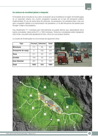 35INTA informe final Panel Andahuaylas – Marzo 2013
Un sistema de movilidad global e integrado
El resultado de la consulta es muy claro: la situación de la movilidad en la región de Andahuaylas
es un desorden urbano con mucha congestión causada por el tipo de transporte público
implementado. El uso de varios tipos de vehículos, sin jerarquías y sin paraderos fijos, crea una
gran congestión debido a la improvisación de paraderos y a la alta frecuencia de parada para
recoger o dejar a los pasajeros.
Hay oficialmente 711 mototaxis pero informalmente se puede estimar que, dependiendo de la
fuente consultada, habría entre 911 y 1300 mototaxis. Todos los mototaxistas están trabajando
todo el día, una parte está alquilando la moto, otros son sus propios dueños.
La ciudad de Andahuaylas ha comunicado las siguientes cifras:
Tipo Formal Informal Total
Mototaxis 711 95 806
Transporte de carga 0 250 250
Taxis 311 60 371
Combis 164 50 214
Inter Distrital 267 55 322
Total 1453 510 1963
 