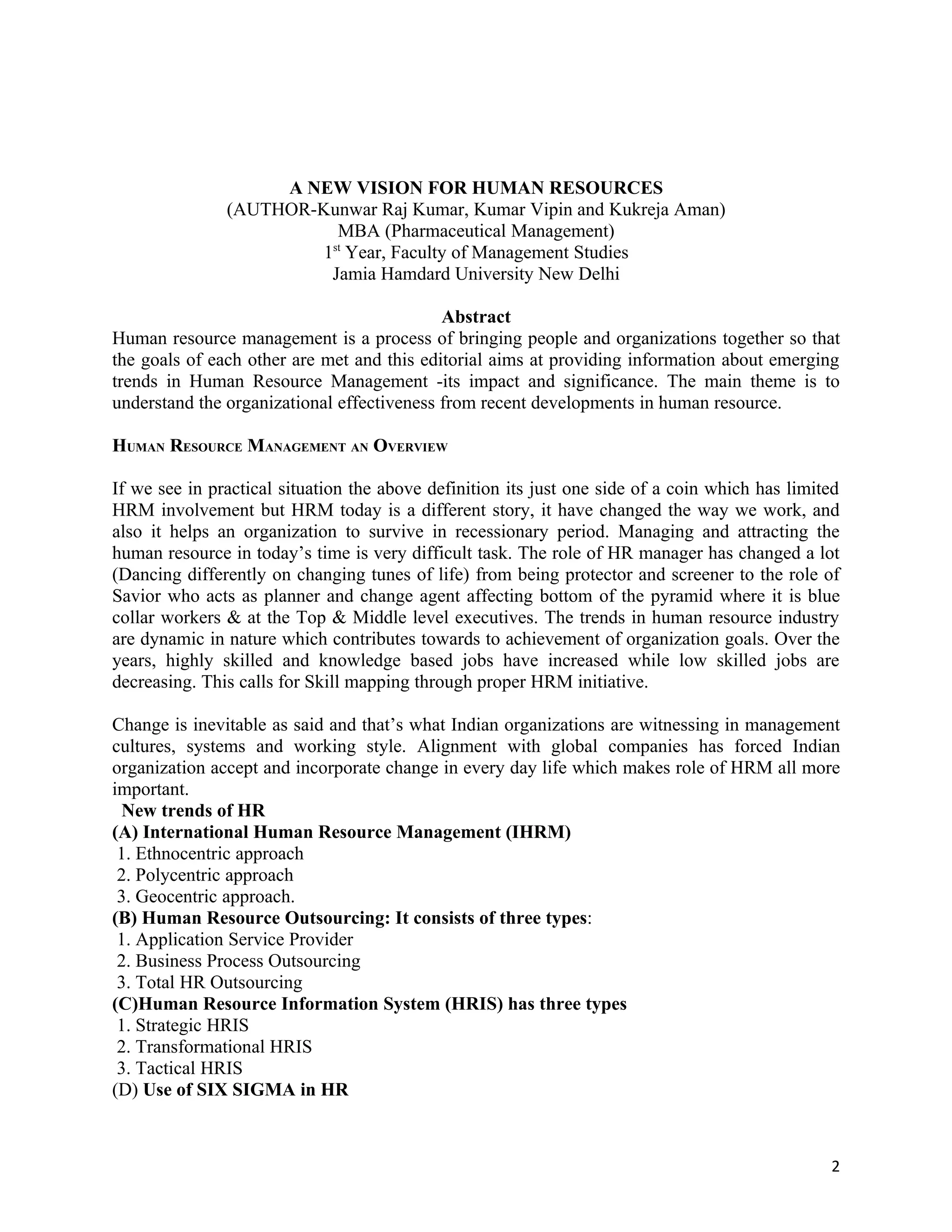 paper on emerging trends in HRM | DOC