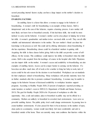 U.S. BREASTFED INFANTS 13
several preceding internal factors at play can have a large impact on the mother’s decision to
breastfeed.
ENABLING FACTORS
An enabling factor is a factor that allows a woman to engage in the behavior of
breastfeeding. A woman’s skill for breastfeeding is an example of these factors. Skill is
intrapersonal and, in the case of this behavior, requires a learning process. A new mother will
most likely not know how to breastfeed correctly. If she had these skills, she would be more
inclined to carry out the behavior. A woman’s mother can be a key player in helping her to hone
her skills. A woman’s grandmother and mother-in-law can teach skills as well. They can all offer
valuable and instrumental information to the mother. The new mother’s friend can share her
knowledge in the process as well. She could aid by offering information about breastfeeding if
she has experience. Breastfeeding classes could be a beneficial medium to gaining skill.
Acquiring the skills in these classes before giving birth to the child can provide a sense of self-
efficacy for the woman. This confidence could improve her ability to breastfeed when the child
comes. Skill is also acquired from the teachings of a nurse in the hospital after birth. Physicians
can also impart skills on the mother. A woman’s access and availability to breastfeeding are also
examples of enabling factors. Access can be a major barrier to carrying out the behavior. If a
boss does not allow much time off of work or for a mother to bring her baby to work, lack of
access could be the sole reason for the decision to not breastfeed. Workplaces can set standards
for their employees related to breastfeeding. Many workplaces will provide maternity leave but
no further standards after this to promote continued breastfeeding. A woman may be unable to
engage in the behavior because of decreased availability to workplace lactation support
programs. According to Healthy People 2020, 25 percent of employers reported providing an
onsite lactation or mother’s room in 2009 (U.S. Department of Health and Human Services,
2013). The goal for Healthy People 2020 is for 38 percent of workplaces to offer this
opportunity. Also, a safe and sanitary place to breastfeed in public may not be offered in a
community. Mothers are unlikely to breastfeed in crowded, loud environments. Laws serve as
powerful enabling factors. The public policy level could change environments by passing laws to
create healthier environments. If a law passed for there to be an increase in the number of open,
clean parks in a community, women would most likely feel more comfortable and safe to
breastfeed outside of the home. There are currently many state coalitions that function within the
 