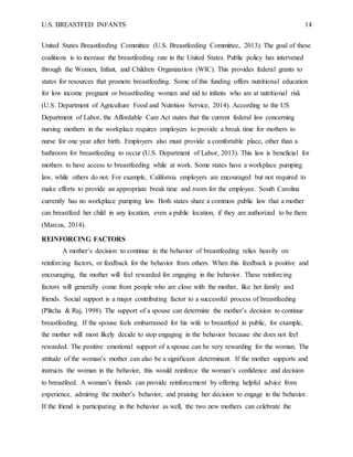 U.S. BREASTFED INFANTS 14
United States Breastfeeding Committee (U.S. Breastfeeding Committee, 2013). The goal of these
coalitions is to increase the breastfeeding rate in the United States. Public policy has intervened
through the Women, Infant, and Children Organization (WIC). This provides federal grants to
states for resources that promote breastfeeding. Some of this funding offers nutritional education
for low income pregnant or breastfeeding women and aid to infants who are at nutritional risk
(U.S. Department of Agriculture Food and Nutrition Service, 2014). According to the US
Department of Labor, the Affordable Care Act states that the current federal law concerning
nursing mothers in the workplace requires employers to provide a break time for mothers to
nurse for one year after birth. Employers also must provide a comfortable place, other than a
bathroom for breastfeeding to occur (U.S. Department of Labor, 2013). This law is beneficial for
mothers to have access to breastfeeding while at work. Some states have a workplace pumping
law, while others do not. For example, California employers are encouraged but not required to
make efforts to provide an appropriate break time and room for the employee. South Carolina
currently has no workplace pumping law. Both states share a common public law that a mother
can breastfeed her child in any location, even a public location, if they are authorized to be there
(Marcus, 2014).
REINFORCING FACTORS
A mother’s decision to continue in the behavior of breastfeeding relies heavily on
reinforcing factors, or feedback for the behavior from others. When this feedback is positive and
encouraging, the mother will feel rewarded for engaging in the behavior. These reinforcing
factors will generally come from people who are close with the mother, like her family and
friends. Social support is a major contributing factor to a successful process of breastfeeding
(Plitcha & Raj, 1998). The support of a spouse can determine the mother’s decision to continue
breastfeeding. If the spouse feels embarrassed for his wife to breastfeed in public, for example,
the mother will most likely decide to stop engaging in the behavior because she does not feel
rewarded. The positive emotional support of a spouse can be very rewarding for the woman. The
attitude of the woman’s mother can also be a significant determinant. If the mother supports and
instructs the woman in the behavior, this would reinforce the woman’s confidence and decision
to breastfeed. A woman’s friends can provide reinforcement by offering helpful advice from
experience, admiring the mother’s behavior, and praising her decision to engage in the behavior.
If the friend is participating in the behavior as well, the two new mothers can celebrate the
 
