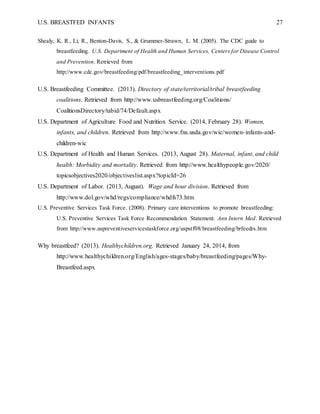 U.S. BREASTFED INFANTS 27
Shealy, K. R., Li, R., Benton-Davis, S., & Grummer-Strawn, L. M. (2005). The CDC guide to
breastfeeding. U.S. Department of Health and Human Services, Centers for Disease Control
and Prevention. Retrieved from
http://www.cdc.gov/breastfeeding/pdf/breastfeeding_interventions.pdf
U.S. Breastfeeding Committee. (2013). Directory of state/territorial/tribal breastfeeding
coalitions. Retrieved from http://www.usbreastfeeding.org/Coalitions/
CoalitionsDirectory/tabid/74/Default.aspx
U.S. Department of Agriculture Food and Nutrition Service. (2014, February 28). Women,
infants, and children. Retrieved from http://www.fns.usda.gov/wic/women-infants-and-
children-wic
U.S. Department of Health and Human Services. (2013, August 28). Maternal, infant, and child
health: Morbidity and mortality. Retrieved from http://www.healthypeople.gov/2020/
topicsobjectives2020/objectiveslist.aspx?topicId=26
U.S. Department of Labor. (2013, August). Wage and hour division. Retrieved from
http://www.dol.gov/whd/regs/compliance/whdfs73.htm
U.S. Preventive Services Task Force. (2008). Primary care interventions to promote breastfeeding:
U.S. Preventive Services Task Force Recommendation Statement. Ann Intern Med. Retrieved
from http://www.uspreventiveservicestaskforce.org/uspstf08/breastfeeding/brfeedrs.htm
Why breastfeed? (2013). Healthychildren.org. Retrieved January 24, 2014, from
http://www.healthychildren.org/English/ages-stages/baby/breastfeeding/pages/Why-
Breastfeed.aspx
 