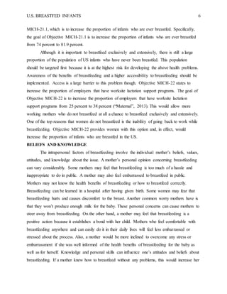 U.S. BREASTFED INFANTS 6
MICH-21.1, which is to increase the proportion of infants who are ever breastfed. Specifically,
the goal of Objective MICH-21.1 is to increase the proportion of infants who are ever breastfed
from 74 percent to 81.9 percent.
Although it is important to breastfeed exclusively and extensively, there is still a large
proportion of the population of US infants who have never been breastfed. This population
should be targeted first because it is at the highest risk for developing the above health problems.
Awareness of the benefits of breastfeeding and a higher accessibility to breastfeeding should be
implemented. Access is a large barrier to this problem though. Objective MICH-22 states to
increase the proportion of employers that have worksite lactation support programs. The goal of
Objective MICH-22 is to increase the proportion of employers that have worksite lactation
support programs from 25 percent to 38 percent (“Maternal”, 2013). This would allow more
working mothers who do not breastfeed at all a chance to breastfeed exclusively and extensively.
One of the top reasons that women do not breastfeed is the inability of going back to work while
breastfeeding. Objective MICH-22 provides women with this option and, in effect, would
increase the proportion of infants who are breastfed in the US.
BELIEFS AND KNOWLEDGE
The intrapersonal factors of breastfeeding involve the individual mother’s beliefs, values,
attitudes, and knowledge about the issue. A mother’s personal opinion concerning breastfeeding
can vary considerably. Some mothers may feel that breastfeeding is too much of a hassle and
inappropriate to do in public. A mother may also feel embarrassed to breastfeed in public.
Mothers may not know the health benefits of breastfeeding or how to breastfeed correctly.
Breastfeeding can be learned in a hospital after having given birth. Some women may fear that
breastfeeding hurts and causes discomfort to the breast. Another common worry mothers have is
that they won’t produce enough milk for the baby. These personal concerns can cause mothers to
steer away from breastfeeding. On the other hand, a mother may feel that breastfeeding is a
positive action because it establishes a bond with her child. Mothers who feel comfortable with
breastfeeding anywhere and can easily do it in their daily lives will feel less embarrassed or
stressed about the process. Also, a mother would be more inclined to overcome any stress or
embarrassment if she was well informed of the health benefits of breastfeeding for the baby as
well as for herself. Knowledge and personal skills can influence one’s attitudes and beliefs about
breastfeeding. If a mother knew how to breastfeed without any problems, this would increase her
 